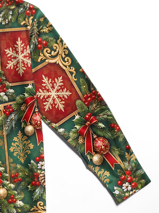 Adaychic Men's Printed Christmas Tree And Ornaments Print Long Sleeve Shirt with Chest Pocket