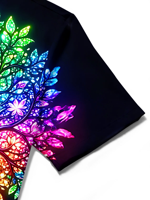 Adaychic Men's Hawaiian Neon Rainbow Tree Of Life Print Short Sleeve Shirt with Chest Pocket