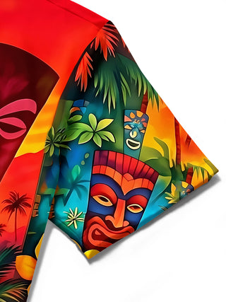 Adaychic Men's Hawaiian Floral Tiki Mask Hula Dancer Volcano Print Short Sleeve Button Down Shirt with Chest Pocket