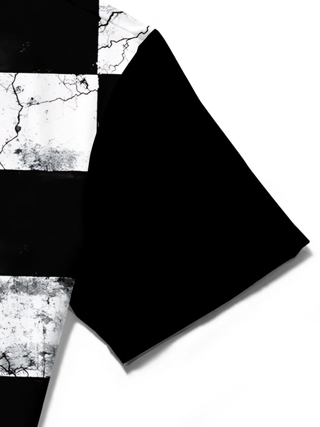 Adaychic Men's Patterned Black And White Checkerboard Print Short Sleeve Shirt with Chest Pocket