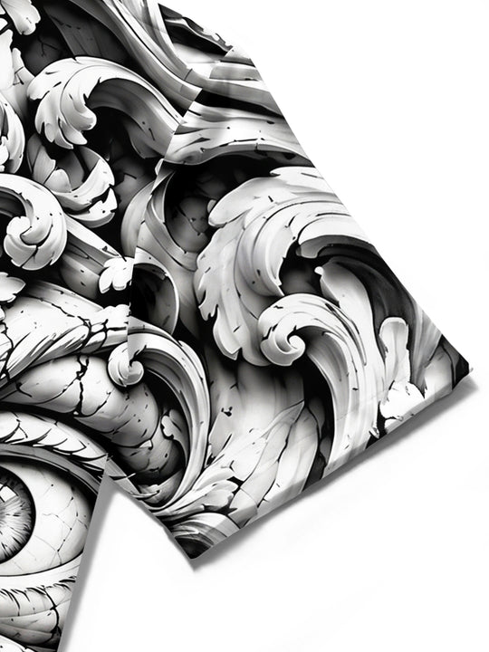 Adaychic Men's 3D Baroque Scrollwork And Human Eyes Print Short Sleeve Shirt with Chest Pocket