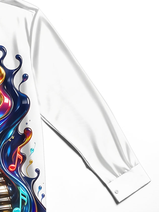 Adaychic Men's Graphic Piano Keyboard And Musical Notes Print Long Sleeve Shirt with Chest Pocket