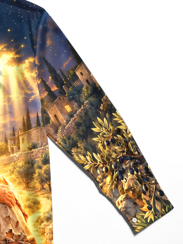 Adaychic Men's Printed Biblical Prodigal Son Embrace Print Long Sleeve Shirt with Chest Pocket