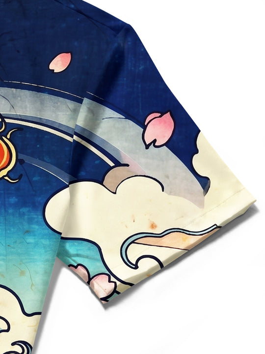 Adaychic Men's Hawaiian Koi Fish Print Ocean Waves Print Short Sleeve Shirt with Chest Pocket
