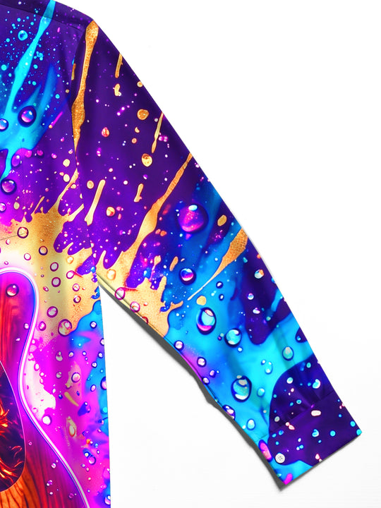 Adaychic Men's Long Sleeve Shirt - Acoustic Guitar With Neon Splash And Water Droplets Print with Chest Pocket