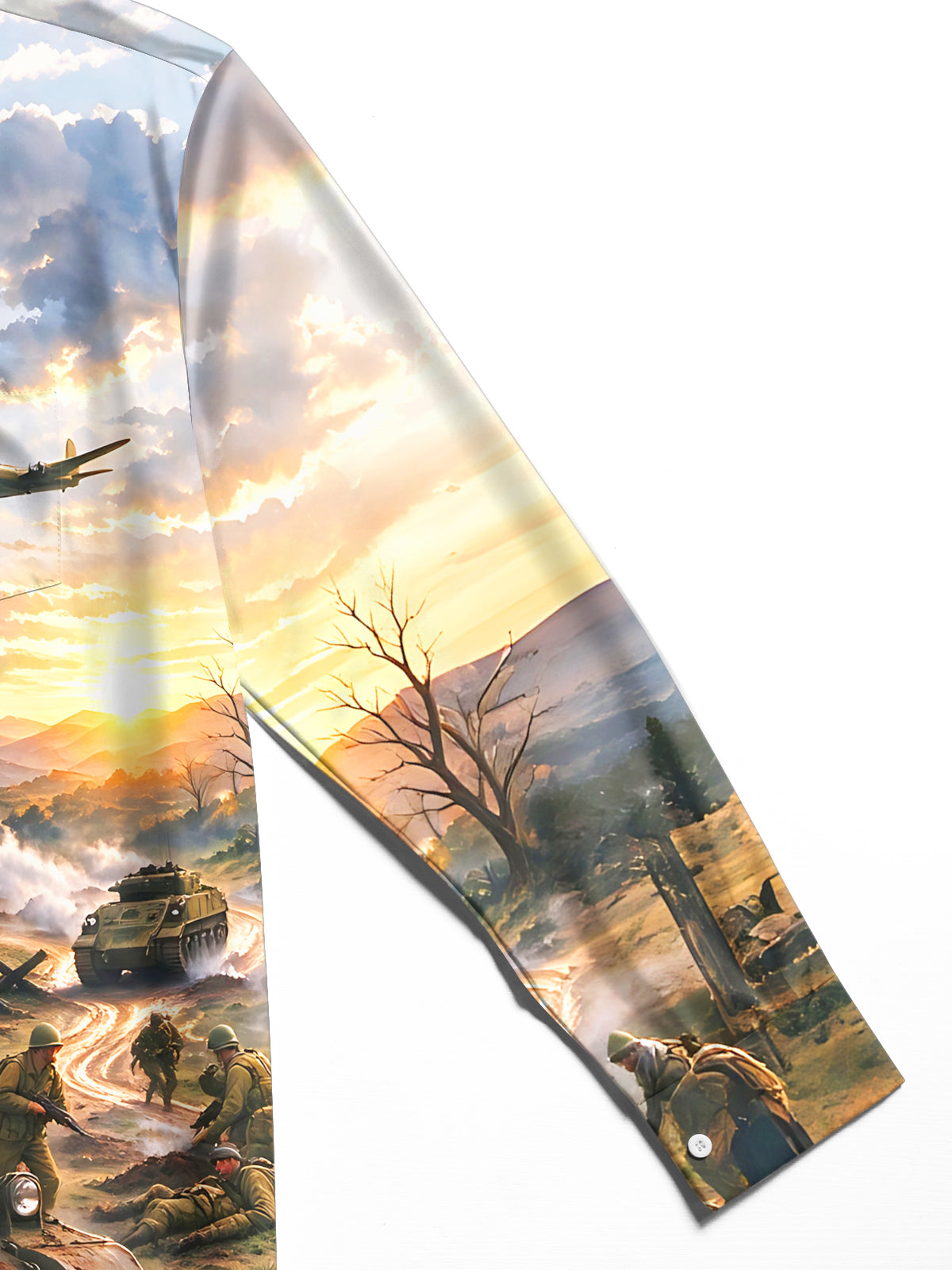 Adaychic Men's Long Sleeve Shirt - World War II Battlefield Scene With Tanks And Soldiers Print with Chest Pocket