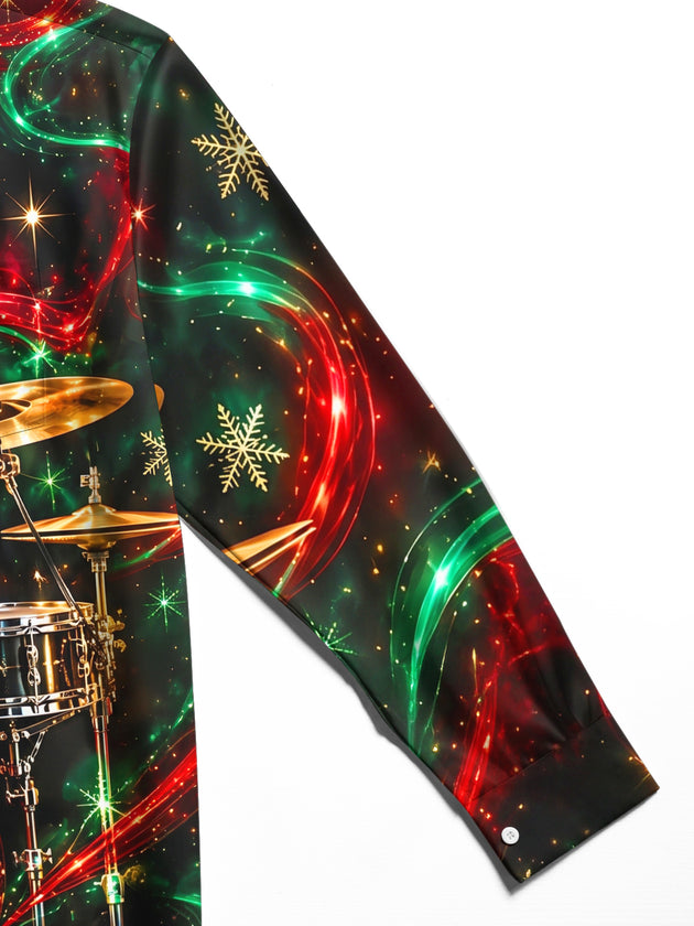 Adaychic Men's Christmas Drum Set And Snowflakes Print Long Sleeve Shirt with Chest Pocket