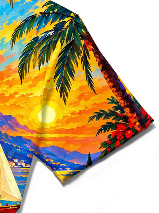 Adaychic Men's Short Sleeve Shirt - Coastal Sunset Sailboat And Mediterranean Architecture Print with Chest Pocket