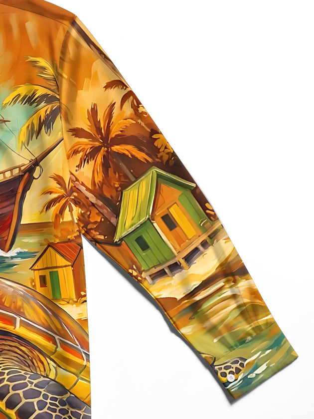 Adaychic Men's Hawaiian Sea Turtle And Sailing Ship Print Long Sleeve Shirt with Chest Pocket