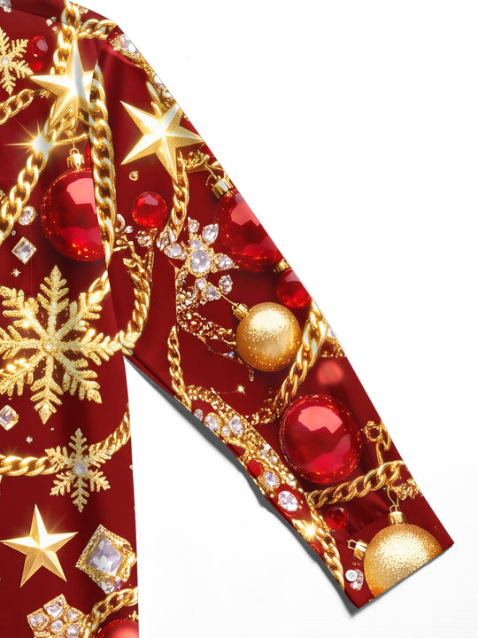 Adaychic Men's Christmas Ornaments And Snowflakes Print Long Sleeve Shirt with Chest Pocket