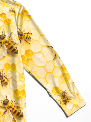 Adaychic Men's Hawaiian Bee And Honeycomb Pattern Long Sleeve Shirt with Chest Pocket