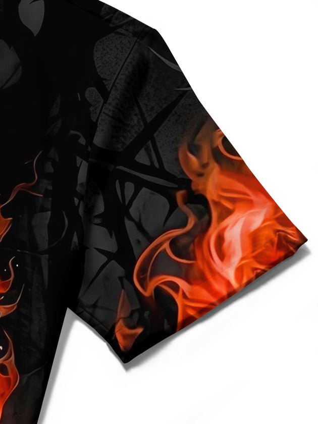 Adaychic Men's Graphic Grim Reaper Skull Flame Print Short Sleeve Button Down Shirt with Chest Pocket