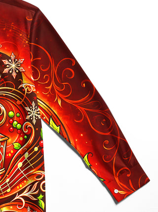 Adaychic Men's Long Sleeve Shirt - Christmas Treble Clef And Musical Notes With Holly And Snowflakes Print with Chest Pocket