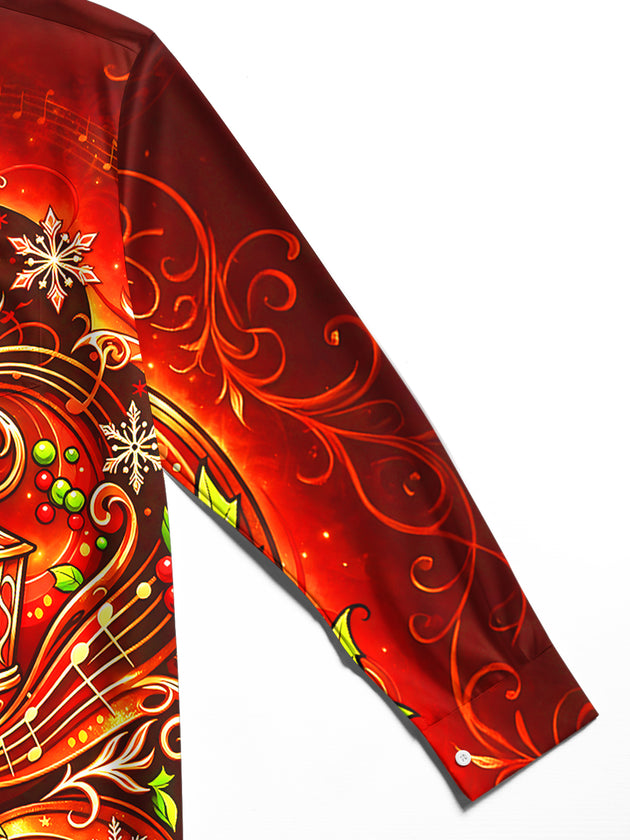 Adaychic Men's Long Sleeve Shirt - Christmas Treble Clef And Musical Notes With Holly And Snowflakes Print with Chest Pocket