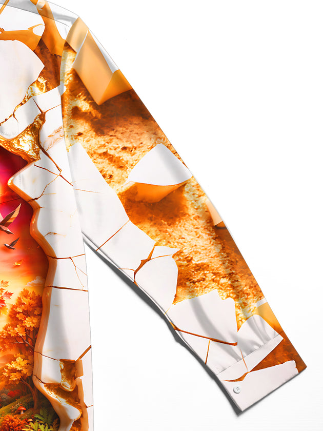 Adaychic Men's Long Sleeve Shirt - Autumn Forest Landscape With Cracked Marble Border Print with Chest Pocket