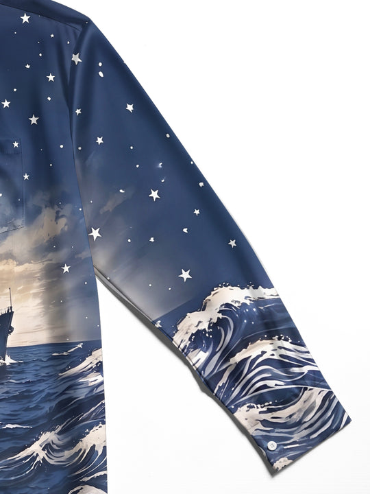 Adaychic Men's Lighthouse And Battleship On Ocean Waves Print Long Sleeve Shirt with Chest Pocket