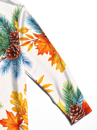 Adaychic Men's Long Sleeve Shirt - Autumn Maple Leaves And Winter Pine Cones With Pine Needles Print with Chest Pocket