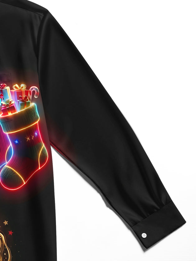 Adaychic Men's Long Sleeve Shirt - Neon Christmas Stockings With Gifts And Candy Canes Print with Chest Pocket