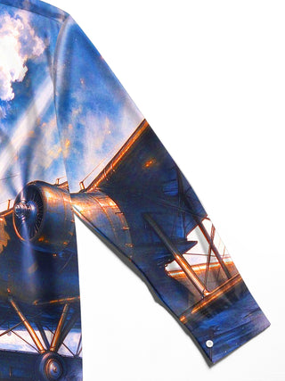 Adaychic Men's Vintage Seaplane And Naval Battle Scene Print Long Sleeve Shirt with Chest Pocket
