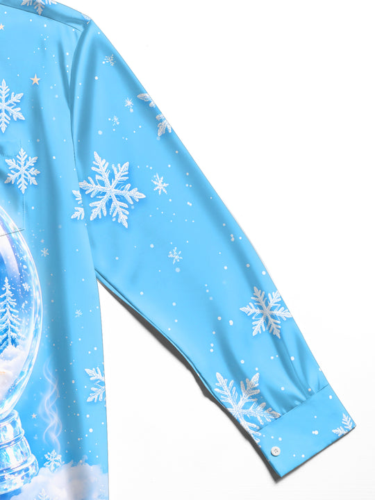 Adaychic Men's Long Sleeve Shirt - Snow Globe With Hot Cocoa And Marshmallows Print with Chest Pocket