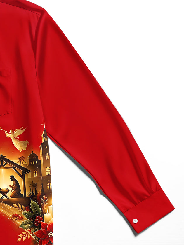 Adaychic Men's Nativity Scene With Poinsettias And Star Print Long Sleeve Shirt with Chest Pocket