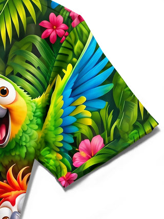 Tropical Parrot Plant Print Men's Pocket Short Sleeve Shirts