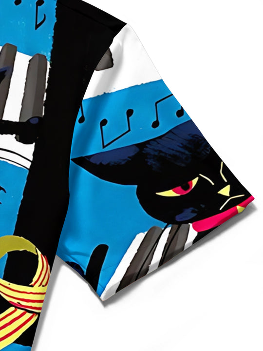 Adaychic Men's Hawaiian Black Cat Print Short Sleeve Shirt with Chest Pocket