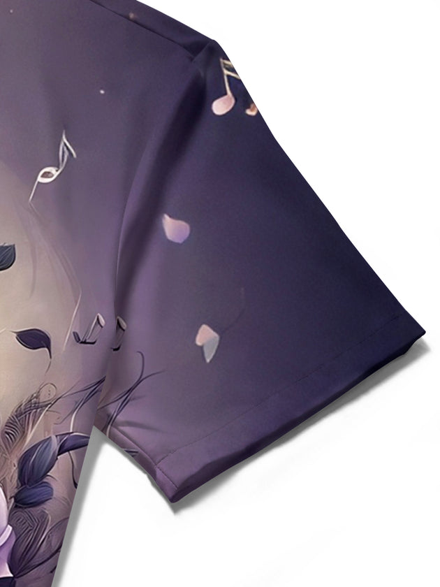 Adaychic Men's Graphic Purple Rose Print Treble Clef Print Short Sleeve Shirt with Chest Pocket