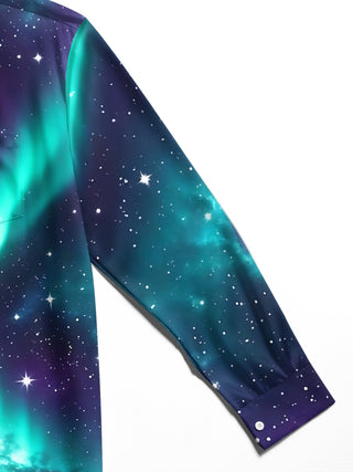 Adaychic Men's Aurora Borealis And Starry Night Sky Print Long Sleeve Shirt with Chest Pocket