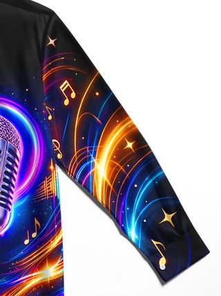 Adaychic Men's Long Sleeve Shirt - Vintage Microphone With Neon Music Notes And Sound Waves Print with Chest Pocket