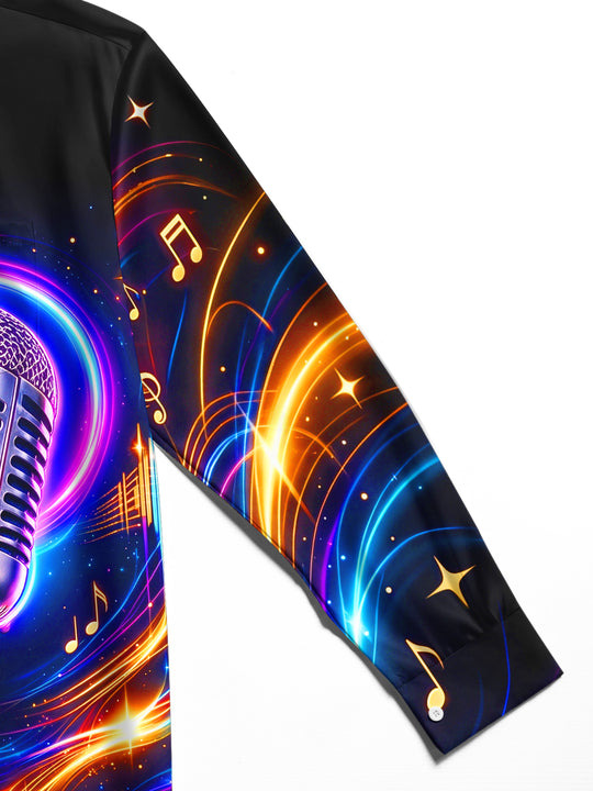 Adaychic Men's Long Sleeve Shirt - Vintage Microphone With Neon Music Notes And Sound Waves Print with Chest Pocket