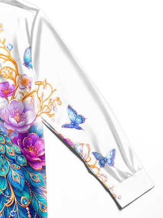 Adaychic Men's Printed Peacock And Floral Pattern Long Sleeve Shirt with Chest Pocket
