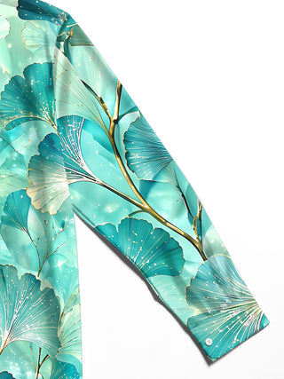 Adaychic Men's Hawaiian Ginkgo Leaf Pattern Long Sleeve Shirt with Chest Pocket