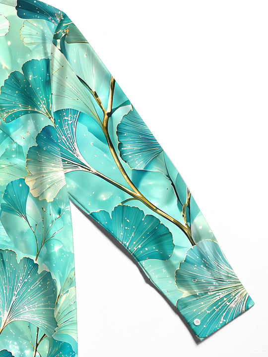 Adaychic Men's Hawaiian Ginkgo Leaf Pattern Long Sleeve Shirt with Chest Pocket