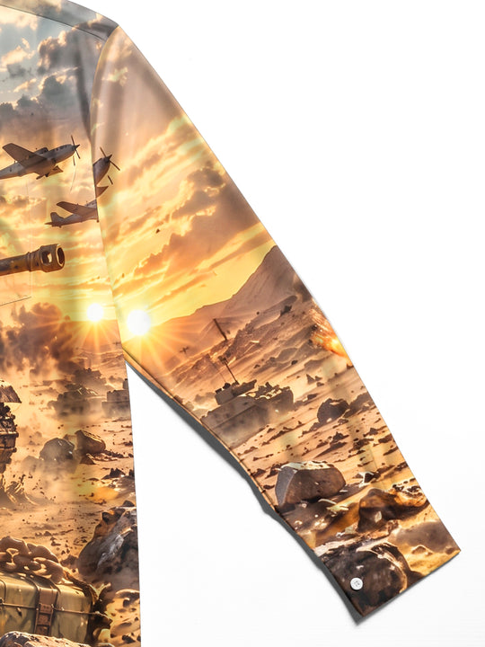 Adaychic Men's Graphic Military Tank And Aircraft Print Short Sleeve Shirt with Chest Pocket