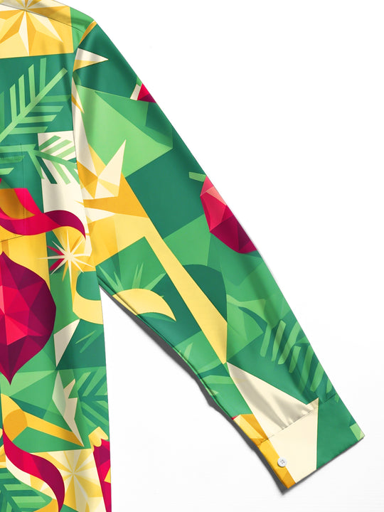 Adaychic Men's Long Sleeve Shirt - Geometric Christmas Ornaments And Pine Needles Print with Chest Pocket