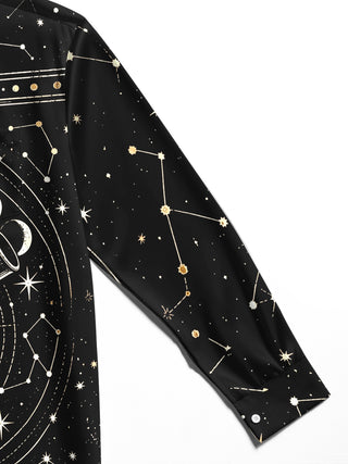 Adaychic Men's Astronomical Telescope And Moon Phases Print Long Sleeve Shirt with Chest Pocket