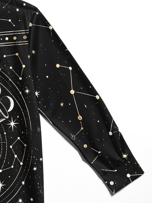 Adaychic Men's Astronomical Telescope And Moon Phases Print Long Sleeve Shirt with Chest Pocket