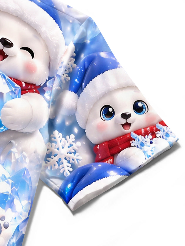 Adaychic Men's Graphic Christmas Polar Bear Print Short Sleeve Shirt with Chest Pocket