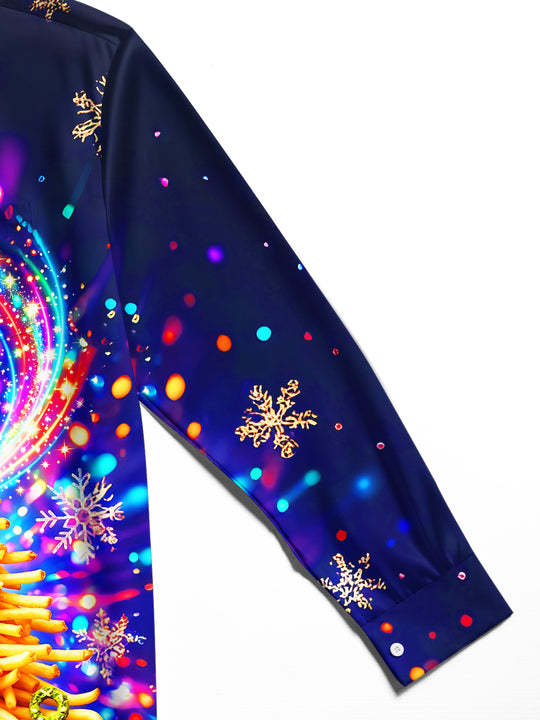 Adaychic Men's Graphic French Fries Christmas Tree Print Long Sleeve Shirt with Chest Pocket