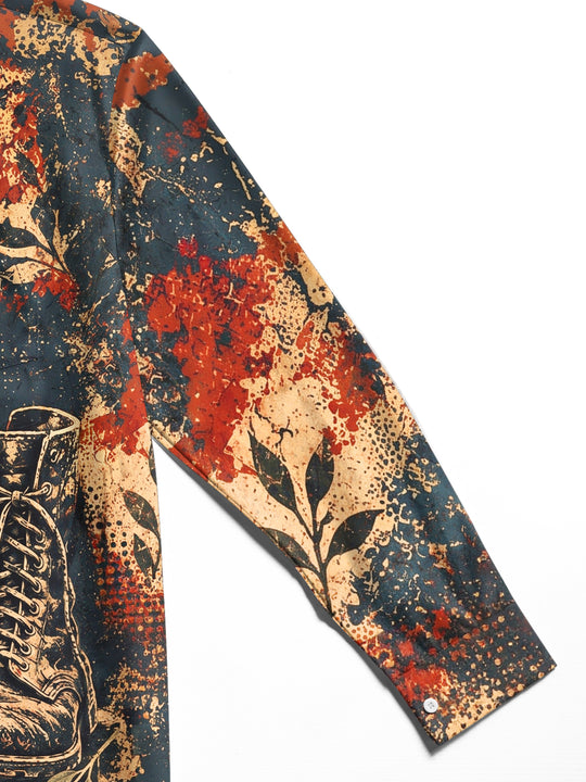 Adaychic Men's Long Sleeve Shirt - Veterans Day Military Helmet Boots And Dog Tags With Laurel Leaves Print with Chest Pocket