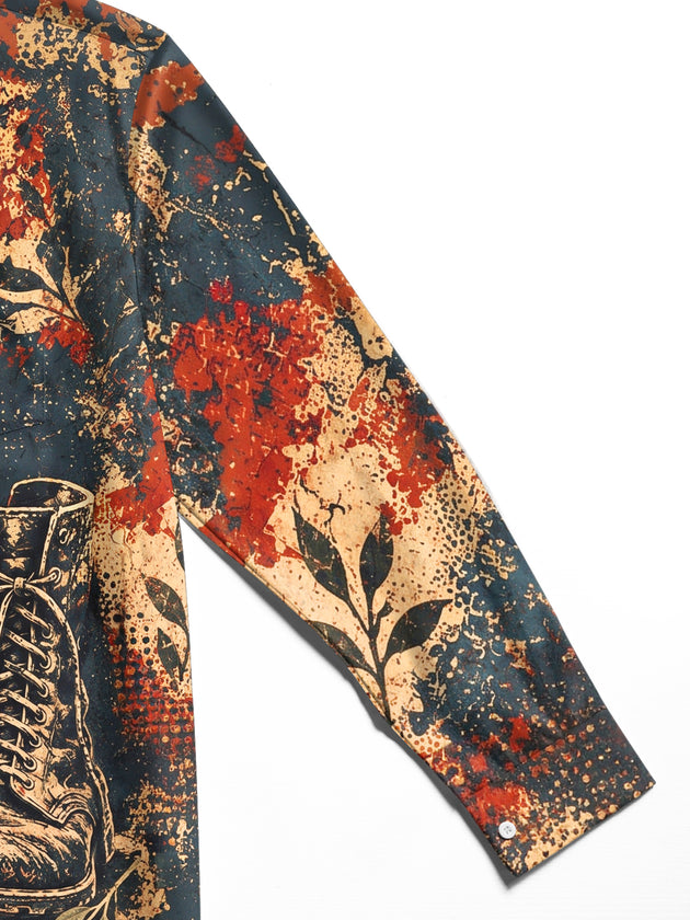 Adaychic Men's Long Sleeve Shirt - Veterans Day Military Helmet Boots And Dog Tags With Laurel Leaves Print with Chest Pocket