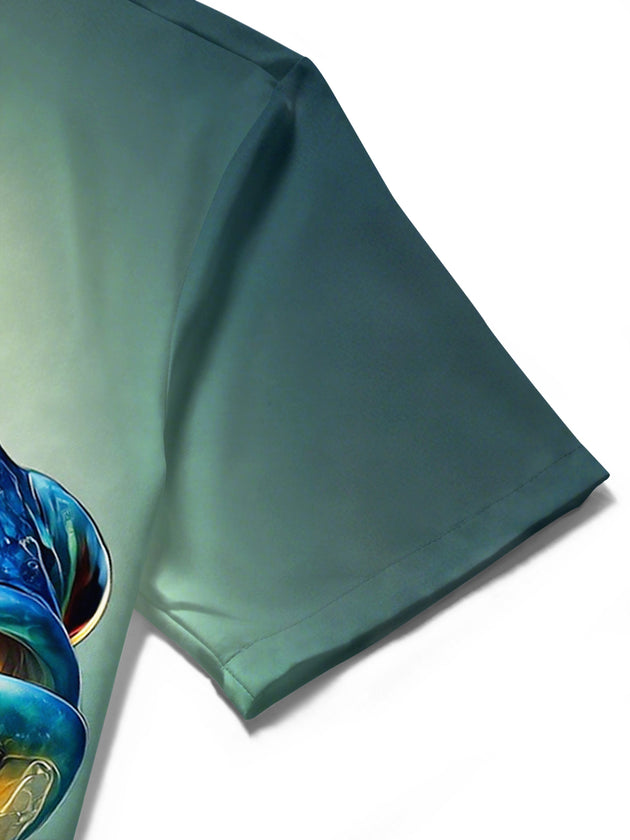 Close-up view of men's Hawaiian fish print short sleeve shirt showing detailed stitching