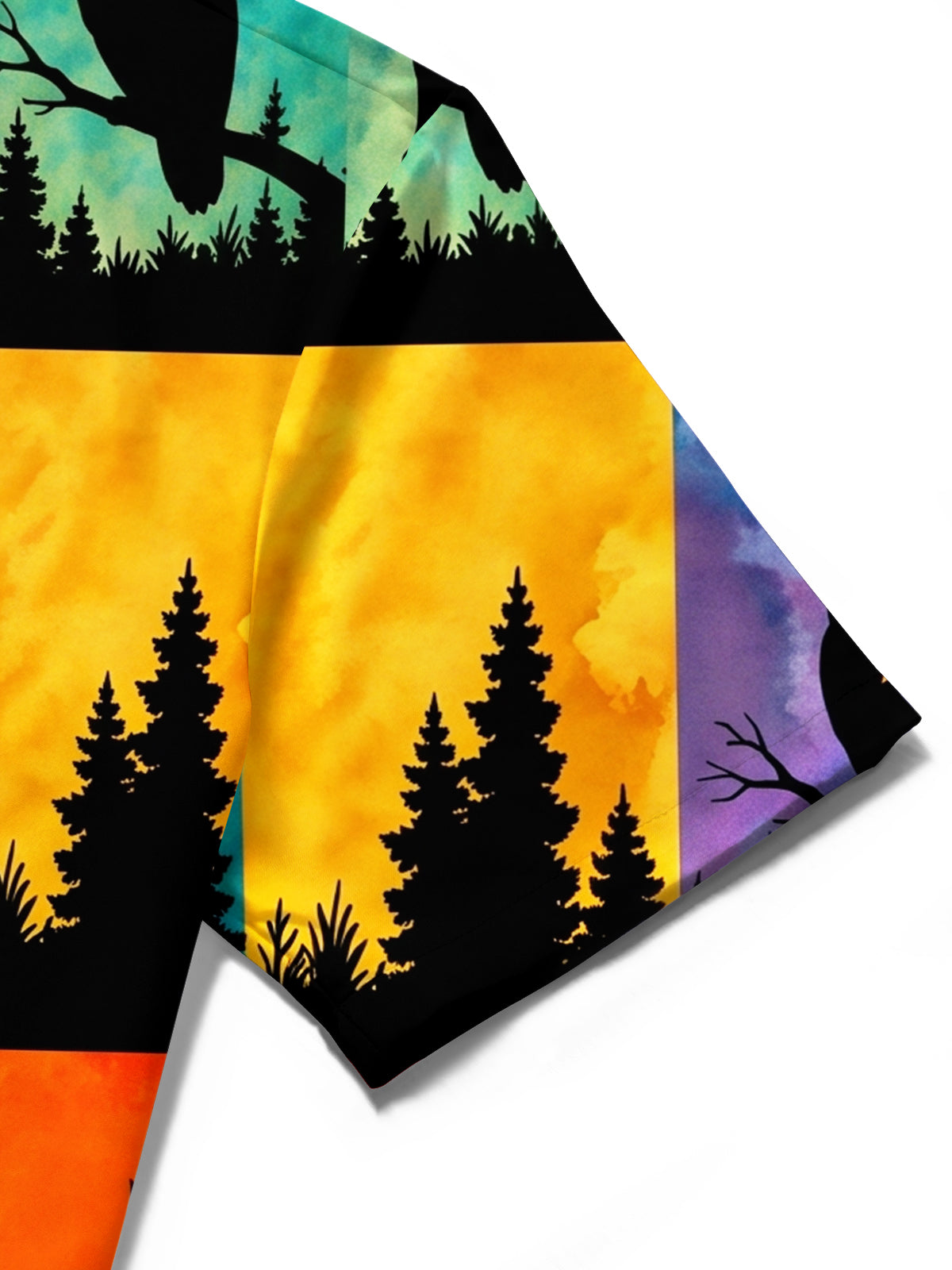 Adaychic Men's Forest Animals Silhouettes Print Short Sleeve Stand Collar Shirt with Chest Pocket