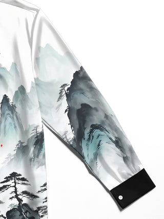 Adaychic Men's Long Sleeve Shirt - Chinese Landscape Mountains And Pine Trees Print with Chest Pocket