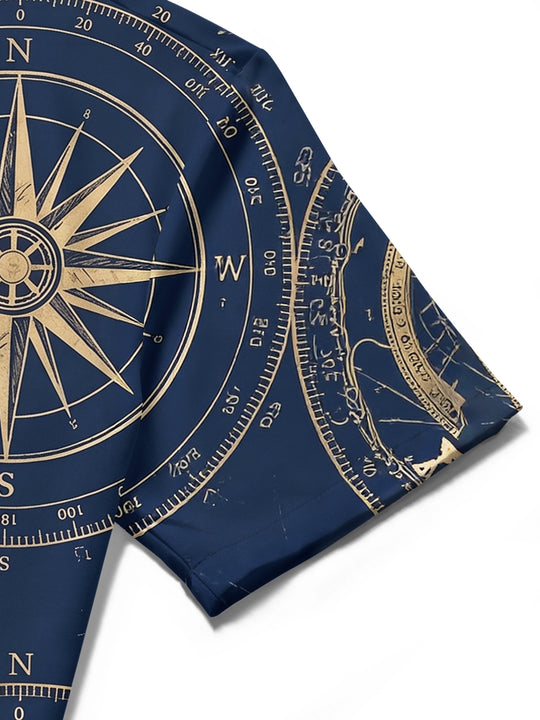 Adaychic Men's Hawaiian Vintage Compass Rose Print Short Sleeve Shirt with Chest Pocket