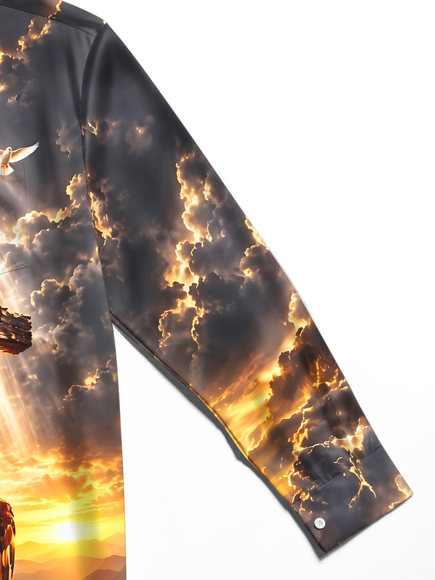 Adaychic Men's Graphic Wooden Cross And Eagle Print Long Sleeve Shirt with Chest Pocket