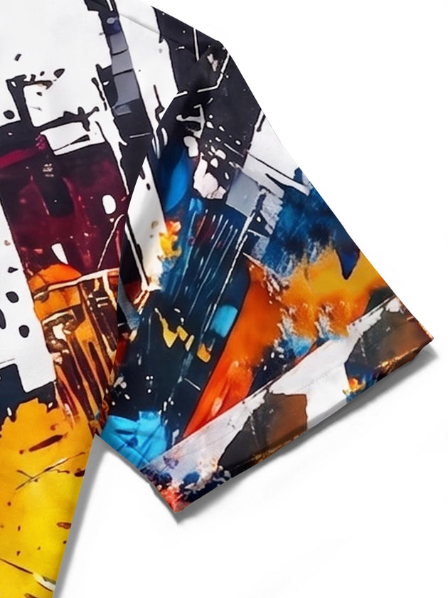 Adaychic Men's White Blue Graphic Abstract Paint Splatter Print Short Sleeve Button Down Shirt with Chest Pocket