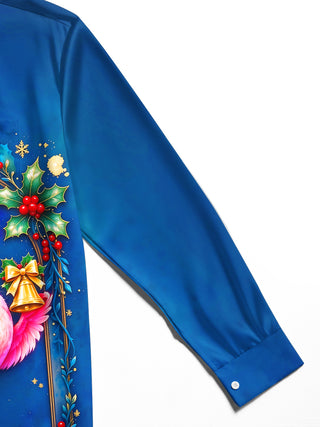 Adaychic Men's Long Sleeve Shirt - Christmas Flamingo With Santa Hat And Scarf Print with Chest Pocket