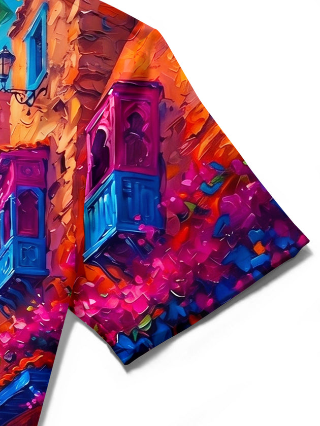 Adaychic Men's Graphic Oil Painting Street Scene Print Short Sleeve Shirt with Chest Pocket